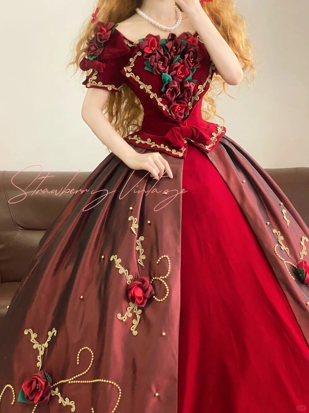 Robe de bal princesse longue en satin bordeaux, élégante, vintage, motif floral, nv5006