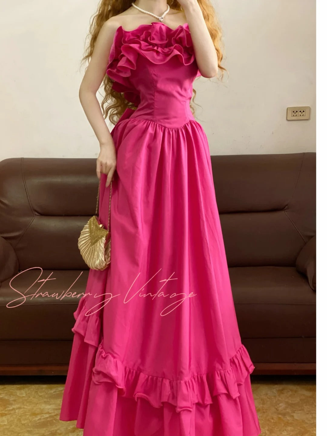 Robe de soirée longue en satin rose vintage, élégante, motif floral, tenue de princesse pour fête d'anniversaire, nv5007