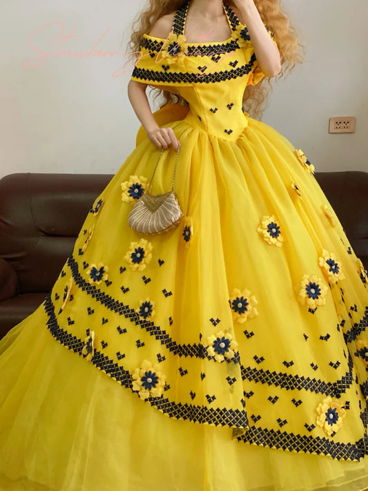 Robe de bal longue en tulle à imprimé floral jaune et tournesol nv5022