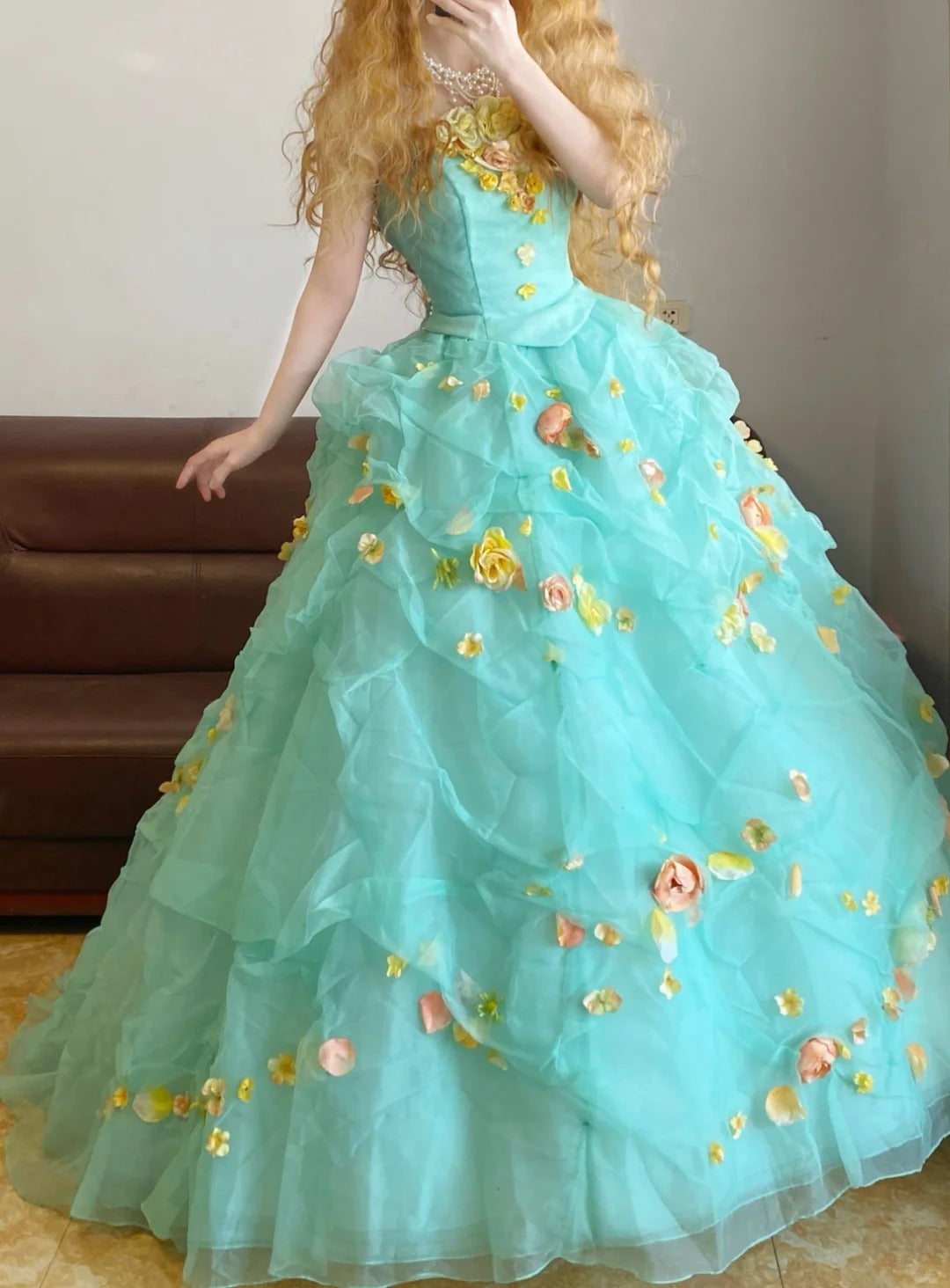 Mintgrünes, langes Tüll-Prinzessinnen-Ballkleid im Vintage-Stil, nv5042
