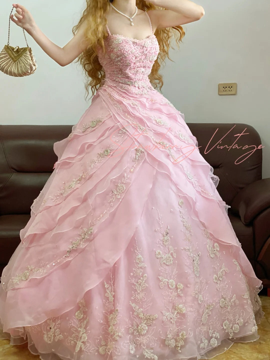 Rosa Blumen Elegantes Stufen Langes Tüll Ballkleid Abendkleid nv5019