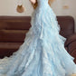 Blaues, langes Ballkleid mit Perlenspitze und Tüll im Prinzessinnen-Stil, NV5044