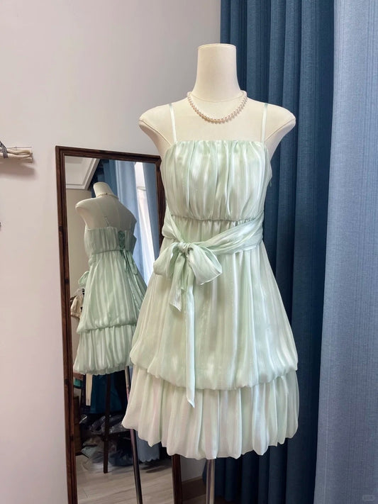 Hellgrünes Vintage-Kurzes Chiffon-Satin-Heimkehrkleid Geburtstagspartykleid NV5094