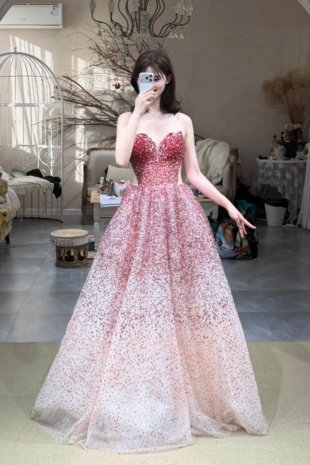 Robe de bal longue sans manches, style dégradé féérique | Robe de bal maxi en tulle à sequins rose poudré pour gala, fiançailles ou soirée de luxe NV6272