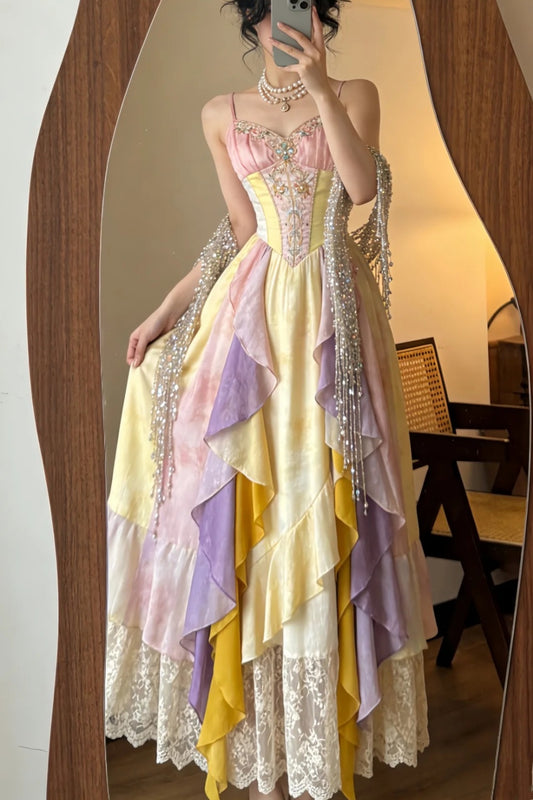 Macaron Color Block Samt Spaghettiträger Fransen Maxi Abendkleid NV6557