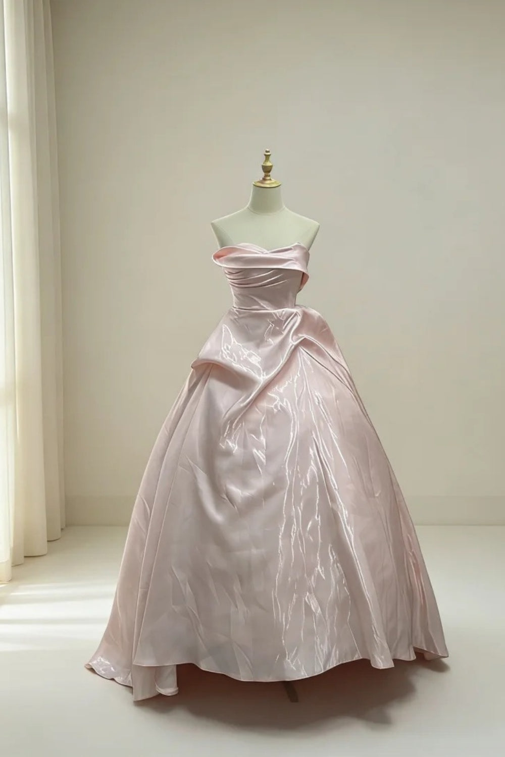 Pink Strapless Satin Ball Gown with Structured Ruched Bodice NV6870