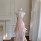 Rosa Perlen Neckholder Elegante Lange Rüschen Chiffon Ballkleid Abendkleid Partykleid nv4186
