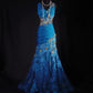 Fantasieblaues, exquisites, florales Perlen-Langspitzen-Satin-Ballkleid, Partykleid, Vintage, NV5211