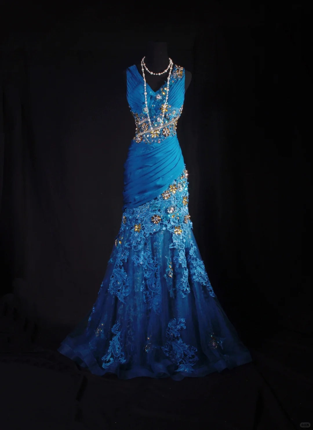 Fantasieblaues, exquisites, florales Perlen-Langspitzen-Satin-Ballkleid, Partykleid, Vintage, NV5211