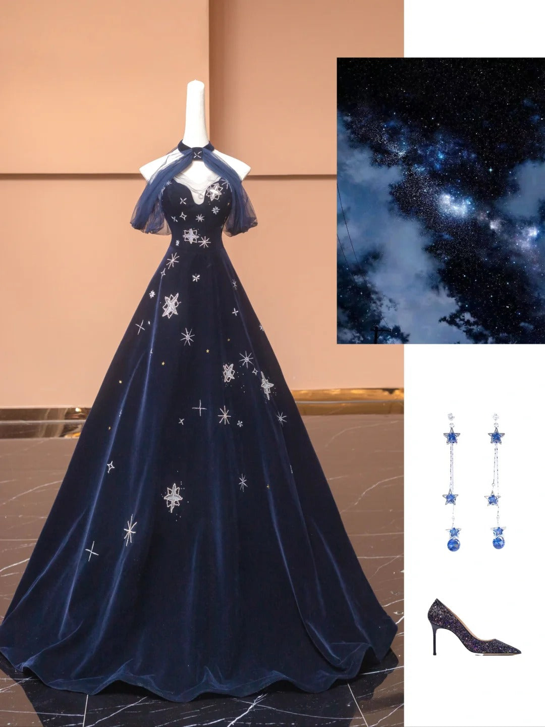 Robe de bal longue en velours bleu exquis, ornée d'étoiles et de perles, robe de soirée, robe de soirée, nv4732