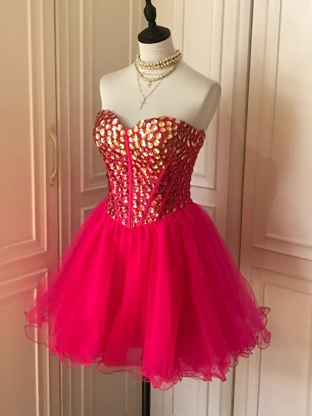 Rosa Pailletten Perlen Kurzes Tüll Prinzessin Homecoming Kleid Geburtstag Party Kleid nv4712