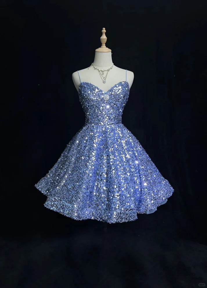 Blaues, glänzendes Prinzessinnen-Pailletten-Kurzkleid für den Heimkehrball, Ballkleid, Abendkleid, Elsas Eisparty, nv4287