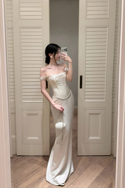 Vintage White Satin Mermaid Evening Gown, Off-Shoulder Corset Dress for Engagement  NV6884