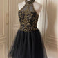 Robe de soirée vintage courte à perles noires et dorées, robe de soirée d'anniversaire nv4711