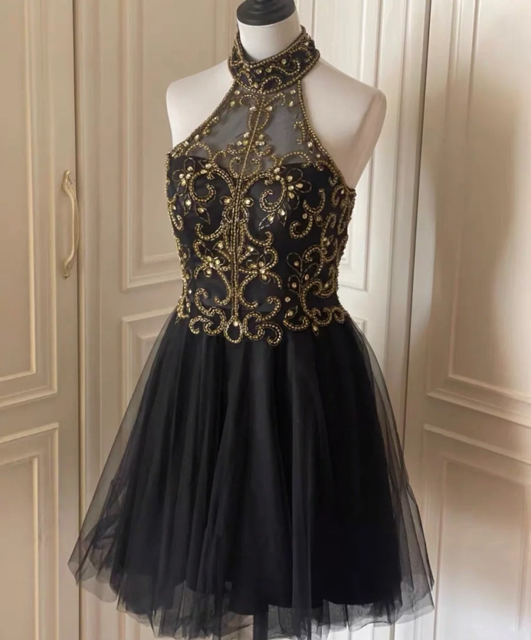 Robe de soirée vintage courte à perles noires et dorées, robe de soirée d'anniversaire nv4711