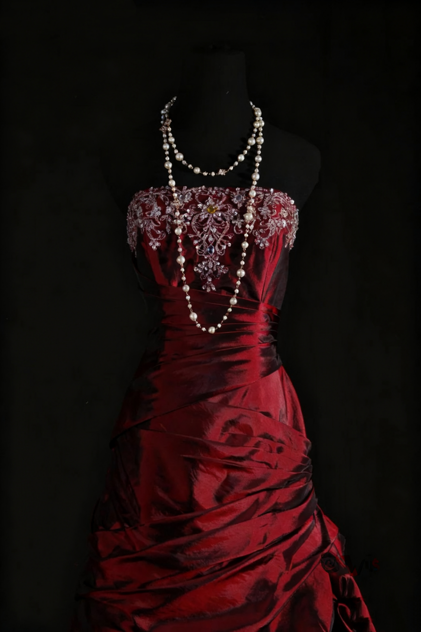 NiceVestidos – Vintage Burgunderrot, exquisites, perlenbesetztes Satin-Plissee-Langballkleid, Abschlusskleid NV5859