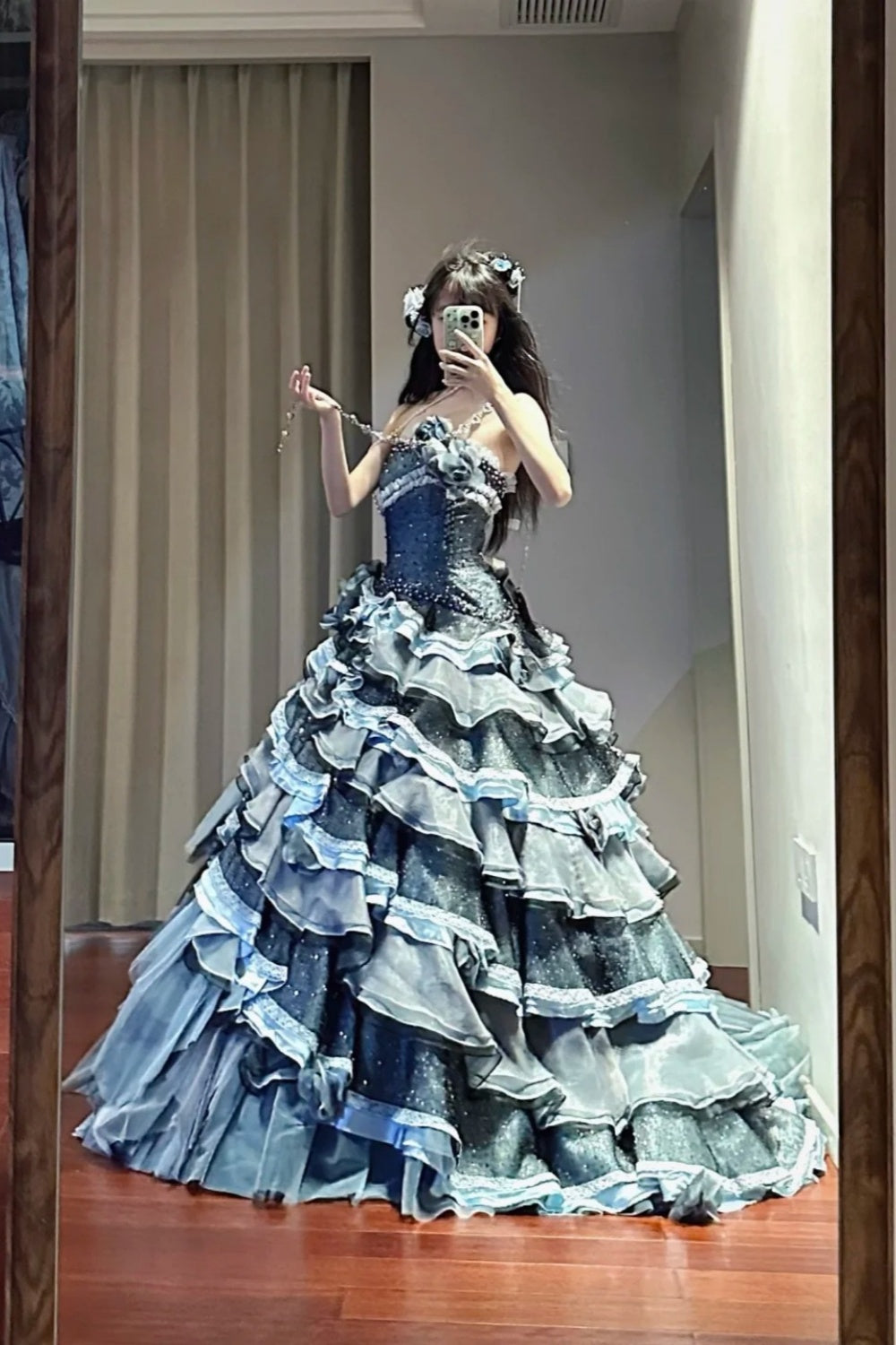 NiceVestidos - Robe de bal longue en tulle multicouches, bleu vintage, exquise, perlée, princesse, 16e anniversaire, conte de fées, fille de la mer, NV5666