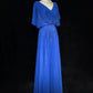 Robe de soirée longue en mousseline de soie, élégante et vintage, bleue, à manches courtes, avec perles, robe de bal, robe de soirée, robe de mère de mariée, robe de bal, nv3961