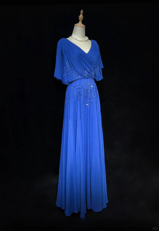 Blue Vintage Elegant Exquisite Beaded Short Sleeve Long Chiffon Ball Gown Evening Dress Party Dress Wedding Mother's Dress Prom Dress nv3961