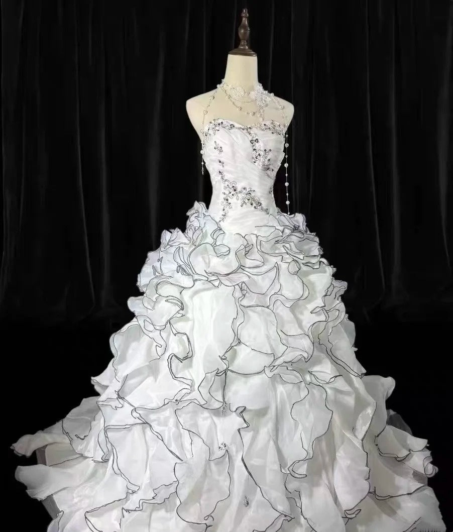 White Halter Strapless Beaded Embroidery Voluminous Ball Gown with Multi-layer Ruffled Trim NV6869