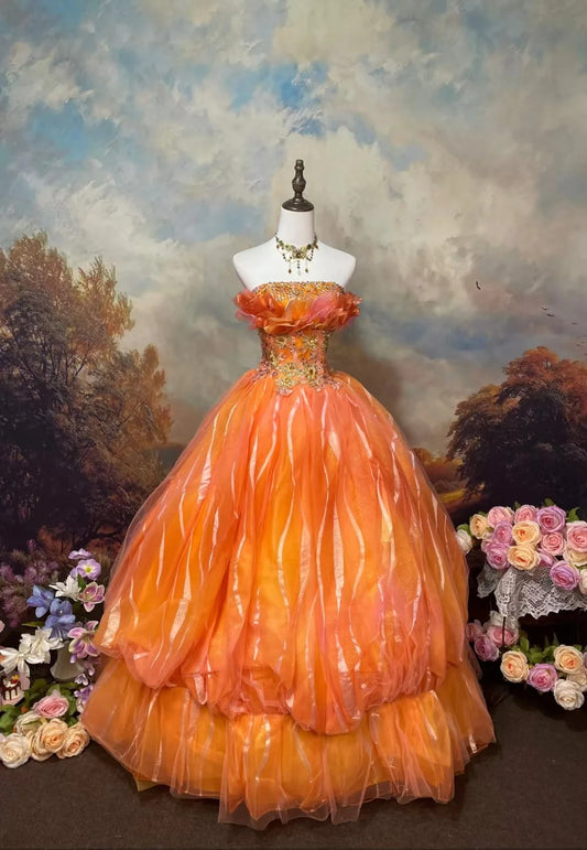 Robe de soirée longue en tulle orange, élégante et vintage, avec perles exquises, nv4083