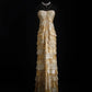 Robe de soirée longue à volants en mousseline de soie à paillettes marron et jaune vintage nv5208