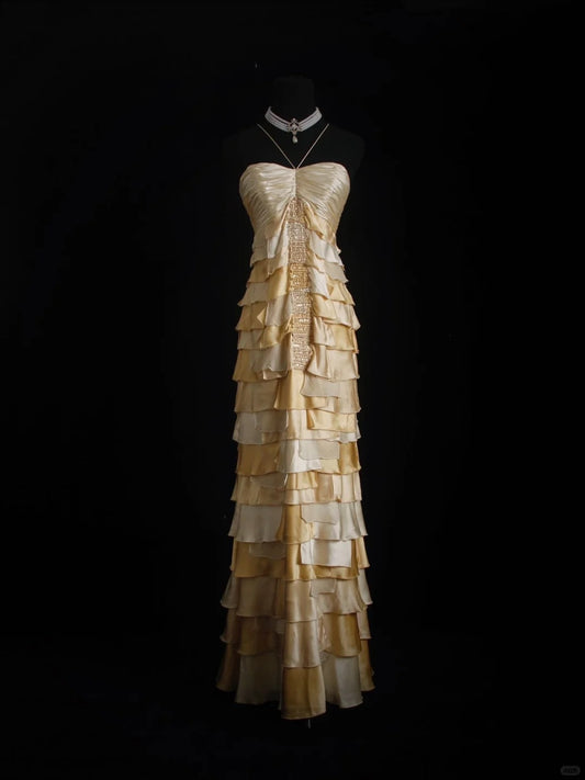 🧡Langes Ballkleid-Partykleid aus Chiffon mit Pailletten und Rüschen im Vintage-Stil, braun und gelb, NV5208
