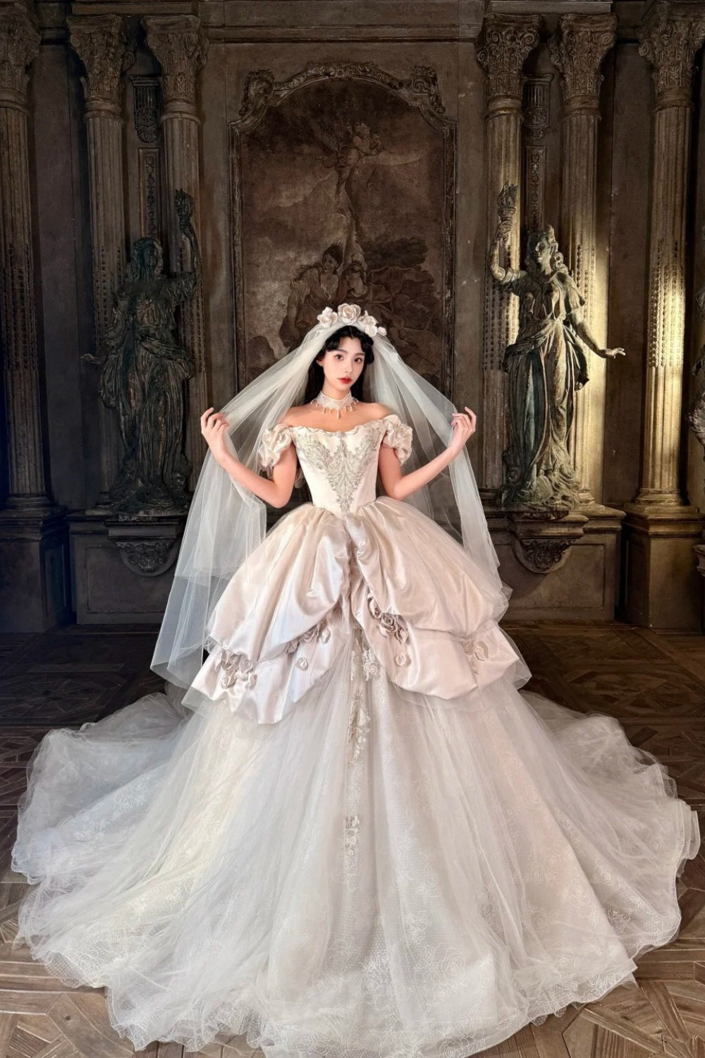Sleeping Rose in a European Castle 🐚🤍🦢 Langes Vintage-Brautkleid NV6653