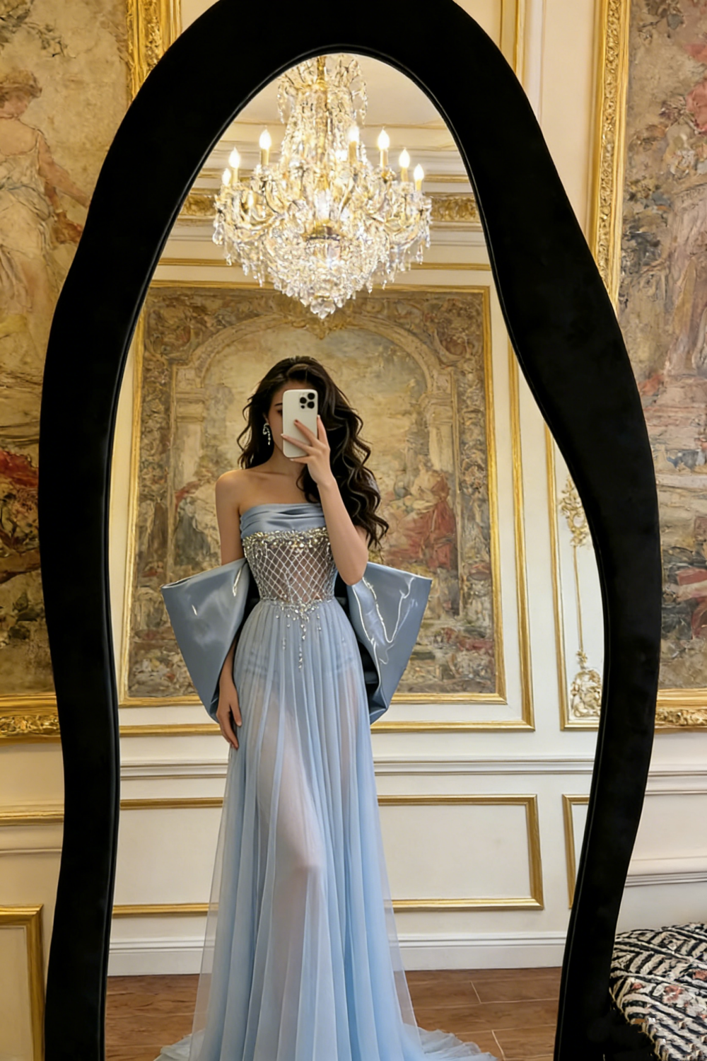 Light Blue Strapless Crystal Gown - 3D Shoulder Piece Draped Train Evening/Red Carpet/Date Maxi Dress NV6817