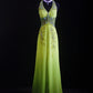 NiceVestidos – Verträumtes, handgefertigtes, mit Perlen besetztes, nischenhaftes Waldmärchen-Naturkunst-Kleid, glamouröses, gelbgrünes Chiffon-Kleid mit Neckholder und Perlen, enganliegendes, langes Ballkleid NV5793