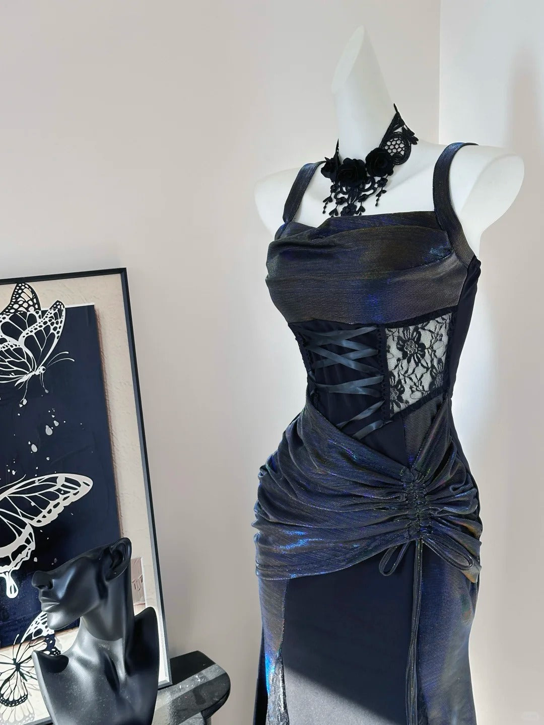 Robe de soirée longue en satin noir, élégante et délicate, en dentelle, style vintage, pour fête d'anniversaire, bal, nv4047