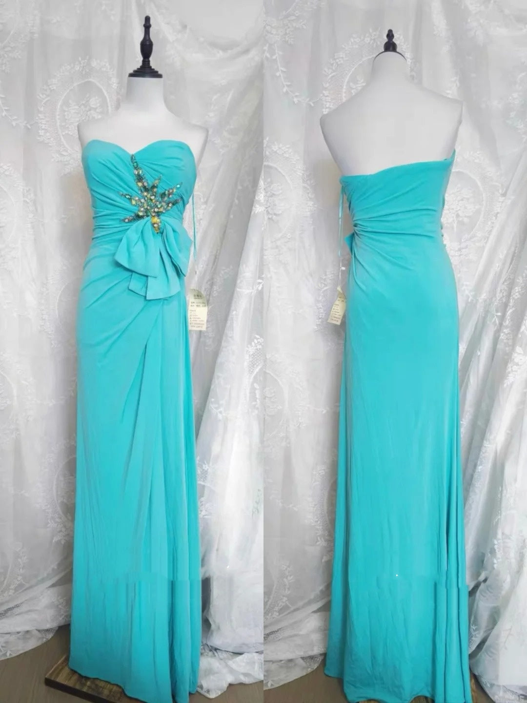 Blaues, perlenbesetztes, langes Tüll-Ballkleid, Abendkleid, Partykleid, nv4372