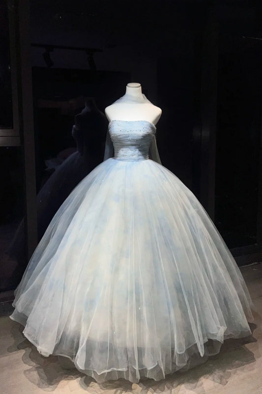 Dreamy Sky Blue Ombre Strapless Beaded Ball Gown with Tulle Shawl, Fairy Style  Prom Dress NV6868