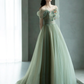 Green elegant A-line off-shoulder long tulle ball gown evening dress graduation dress coming of age ceremony dress nv1413