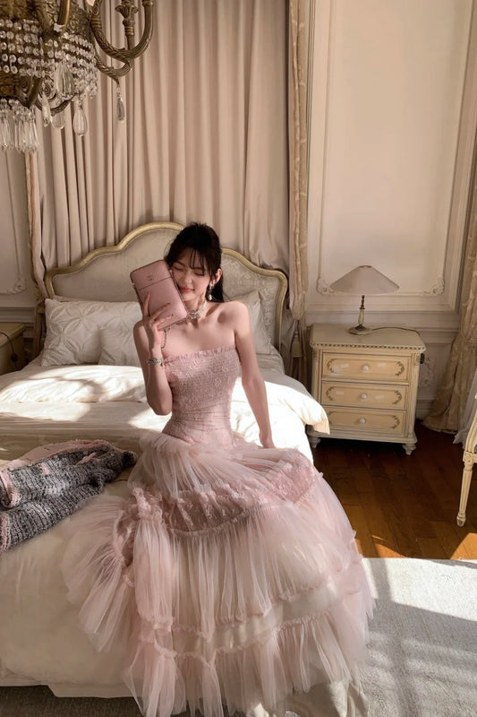 Pink long chiffon evening gown NV6745