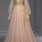 Robe de soirée élégante en tulle rose nude, magnifique, brillante, à col en V, motif floral exquis, manches longues, robe de bal, robe de bal nv3812