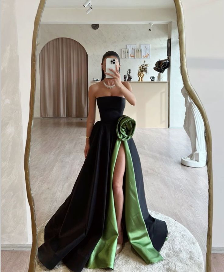 Black tube top green three-dimensional flower embellished long skirt long slit ball gown evening dress nv2692