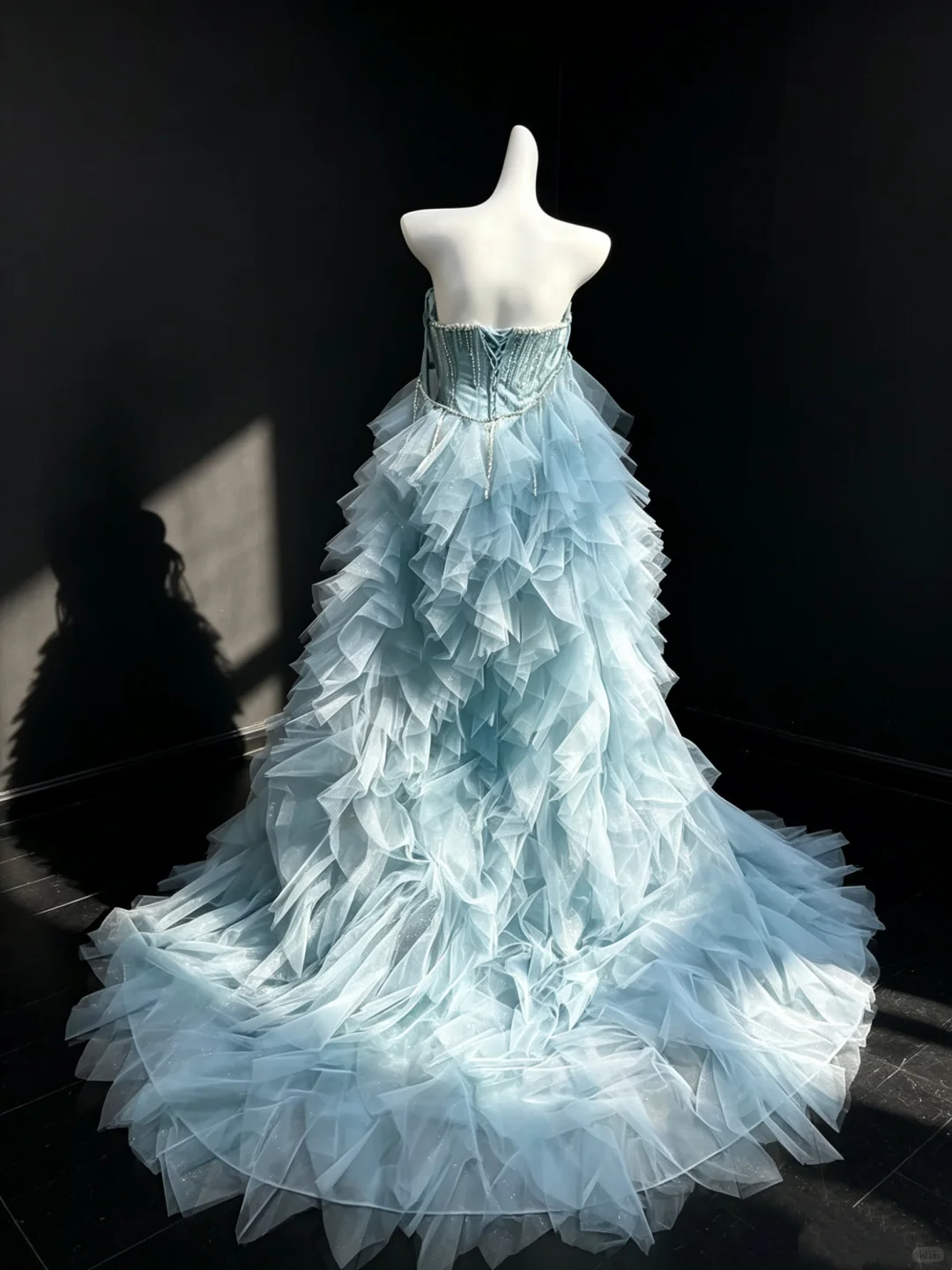 Dusty Blue Strapless Formal Gown Beaded Rhinestone Feather Detachable Tulle Train Evening Dress  NV6970