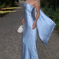 Blaues, schlichtes, modisches, langes Ballkleid aus Satin, Abendkleid, Partykleid, NV4765