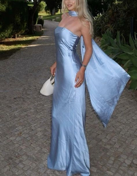 Blaues, schlichtes, modisches, langes Ballkleid aus Satin, Abendkleid, Partykleid, NV4765
