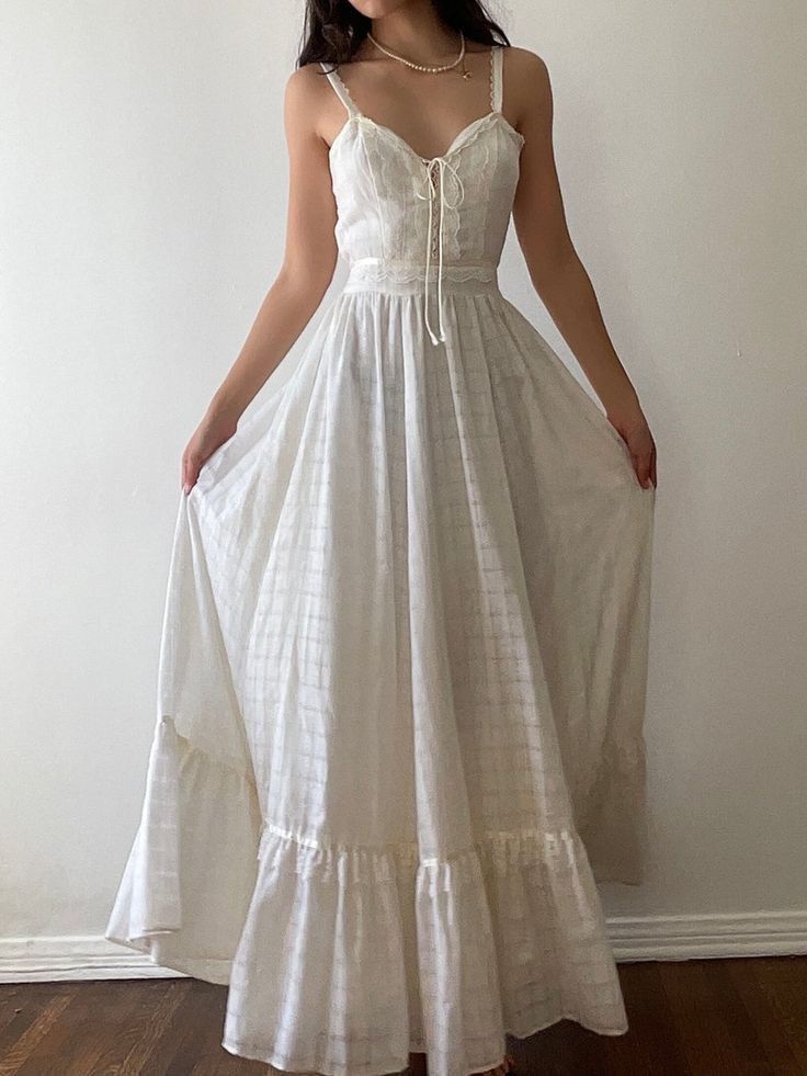 NiceVestidos--Vintage White Lace-Up Spaghetti Strap Flared Hem Bohemian Long Dress  NV5905