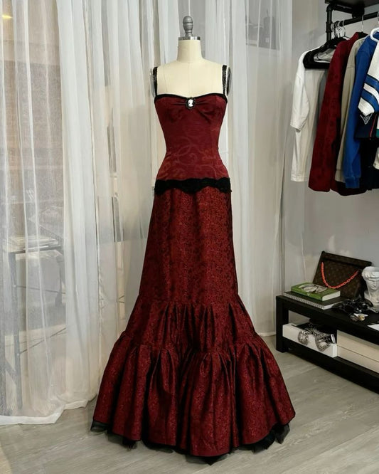 Spaghetti-Strap Burgundy Brocade Mermaid Gown | Vintage Luxury Contrast-Trim Floor-Length Dress for Gala Ball NV6315