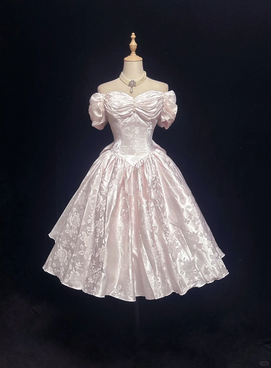 Off Shoulder Pale Pink Vintage Tea Length Prom Dress Jacquard Satin Puff Sleeve Floral Pattern A-Line Formal Gown  NV6900