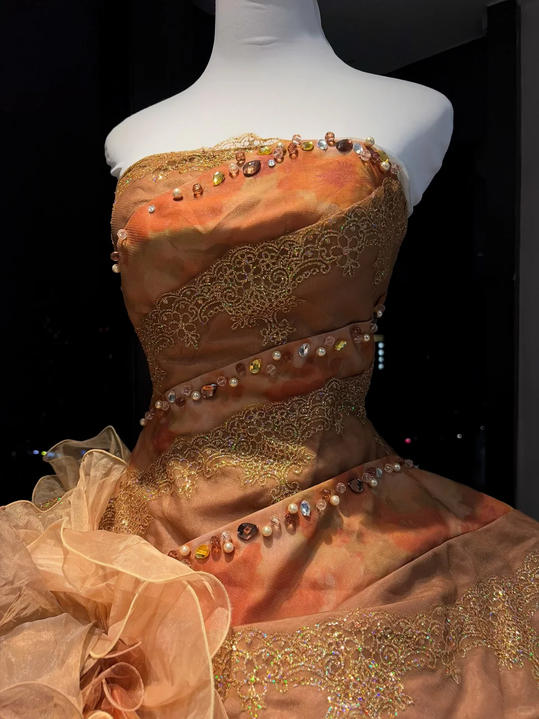 Caramel Orange Strapless Ball Gown Lace Beaded Corset Ombre Ruffle Tulle 3D Floral Prom Dress  NV6948