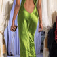 Robe de soirée longue en satin à bretelles élégantes et vertes nv3667