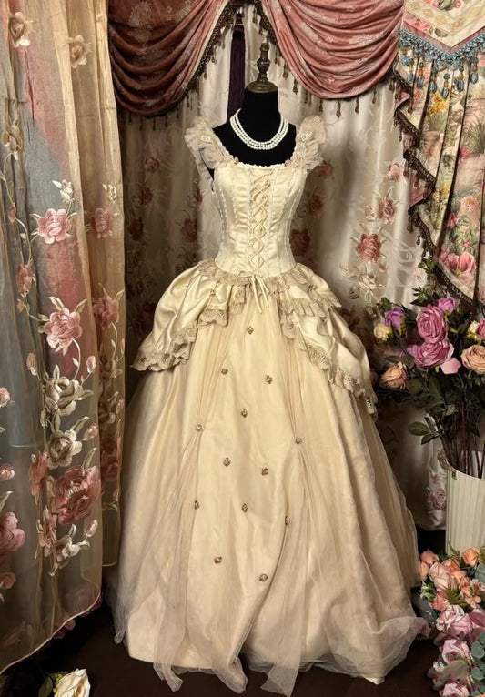 Vanille Beige Vintage Mode Zarte Spitze Strap Lange Satin Tüll Elegante Ballkleid Abendkleid nv3770