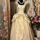 Robe de soirée longue en satin et tulle, élégante, style vintage, beige vanille, bretelles en dentelle délicate, nv3770