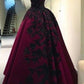 Burgundy Gorgeous Exquisite Floral Applique Long Satin Ball Gown Evening Dress nv3369