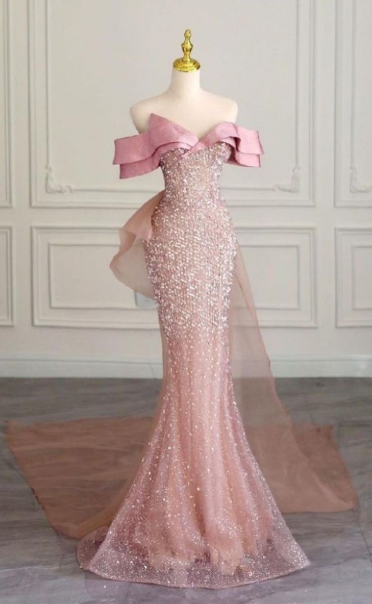 Pink White Shiny Sequins Long Mermaid Fishtail Elegant Tulle Ball Gown Evening Dress Party Dress nv3250