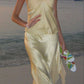 Robe de soirée longue en satin jaune élégante et élégante, deux pièces, tenue de soirée en bord de mer, nv3596